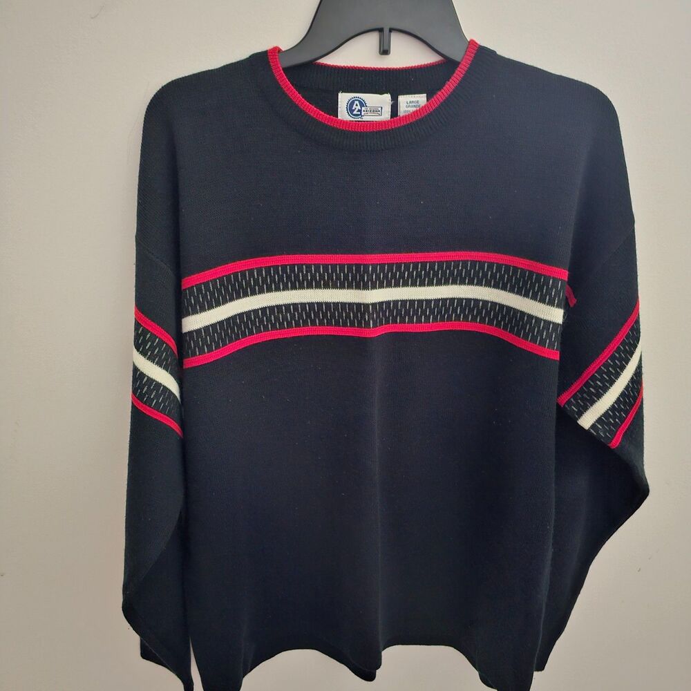 Arizona Jean Co Men's L Crew Neck Sweater Black Red White Chest Stripe Y2K